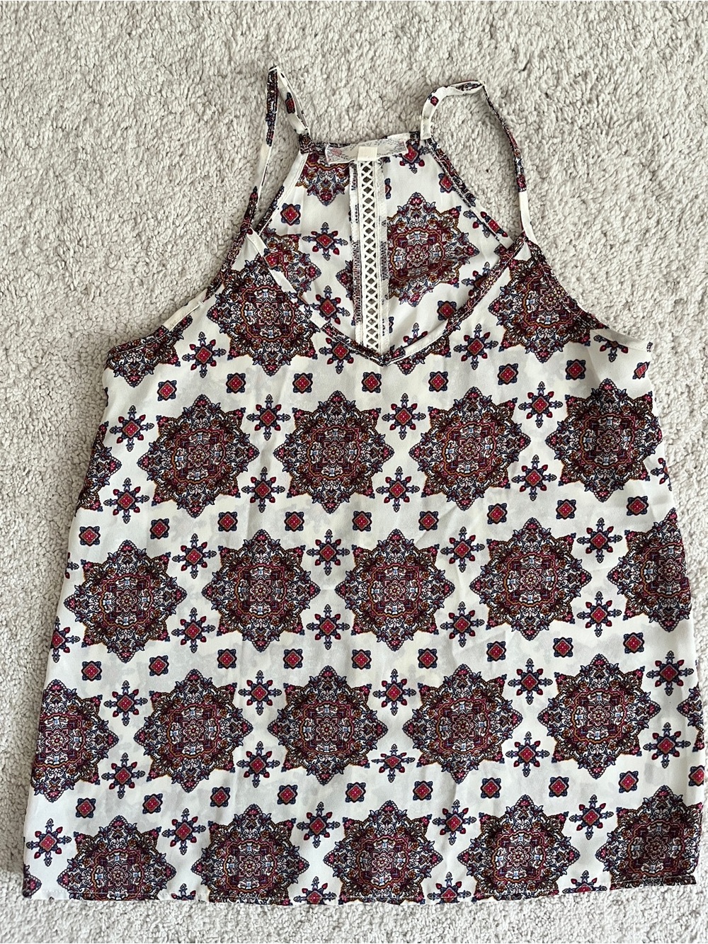 Pink Rose White Halter Tank Top with Red & Blue Medallion Print